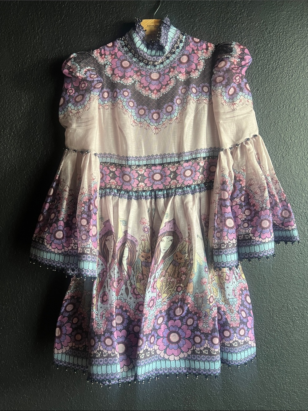 Zimmermann Celestial Zodiac Gemini Purple Bell-Sleeve Mini Dress 1AU/6US
